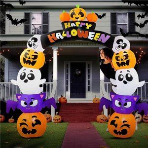 8 FT Tall Halloween Inflatable Stack Pumpkin Ghost Bat Archway Inflatable Decor